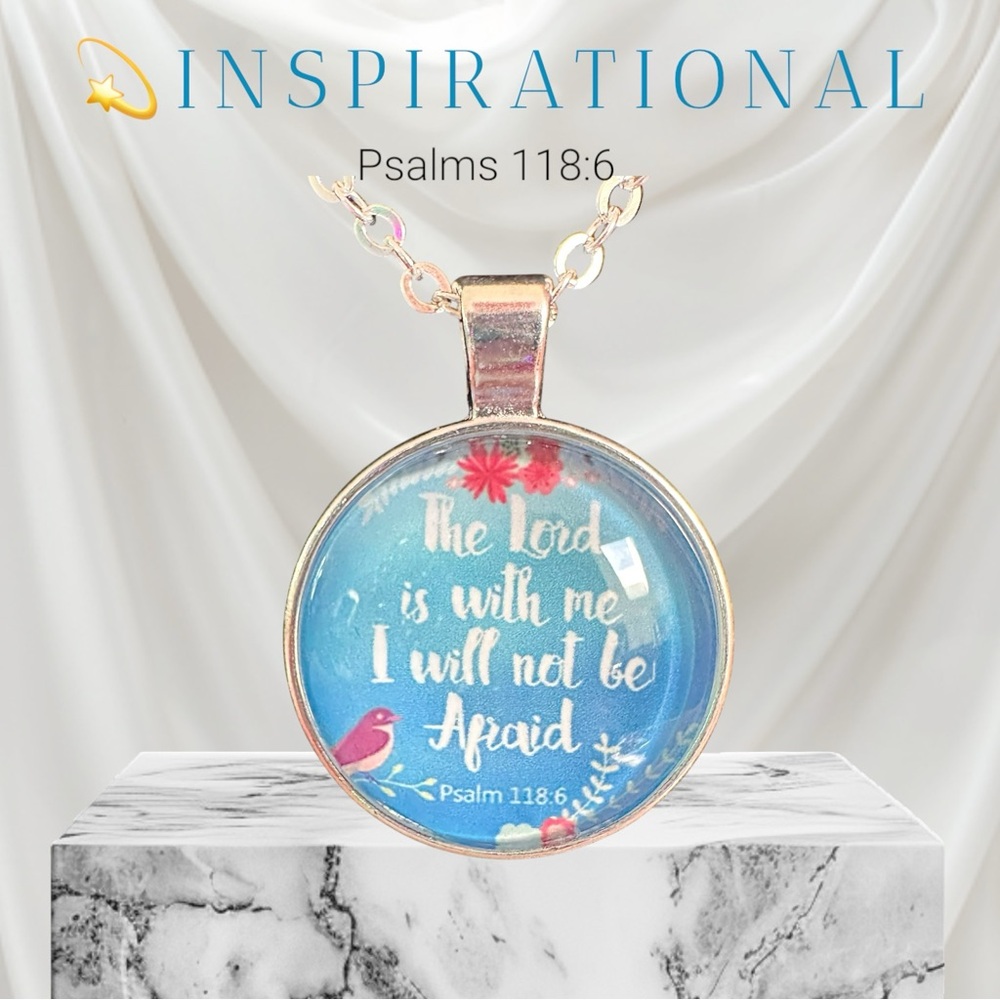 ✨🧘‍♀️✨Inspirational Necklace w/Psalms 118:6, Blue & Pink Round Medallion Design